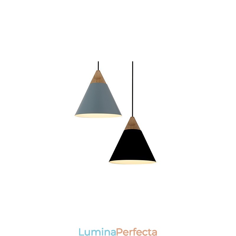 Lampă suspendată con mini artistică, 1 lumină, finisaj modern, simplitate, negru, alb, albastru praf, aluminiu și lemn.