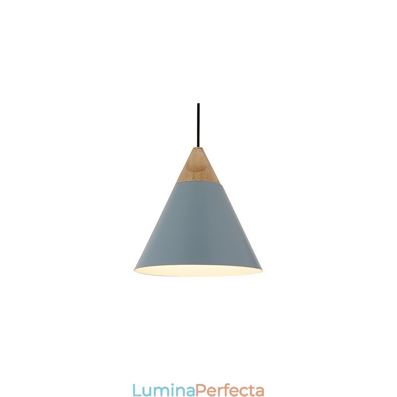Lampă suspendată con mini artistică, 1 lumină, finisaj modern, simplitate, negru, alb, albastru praf, aluminiu și lemn.