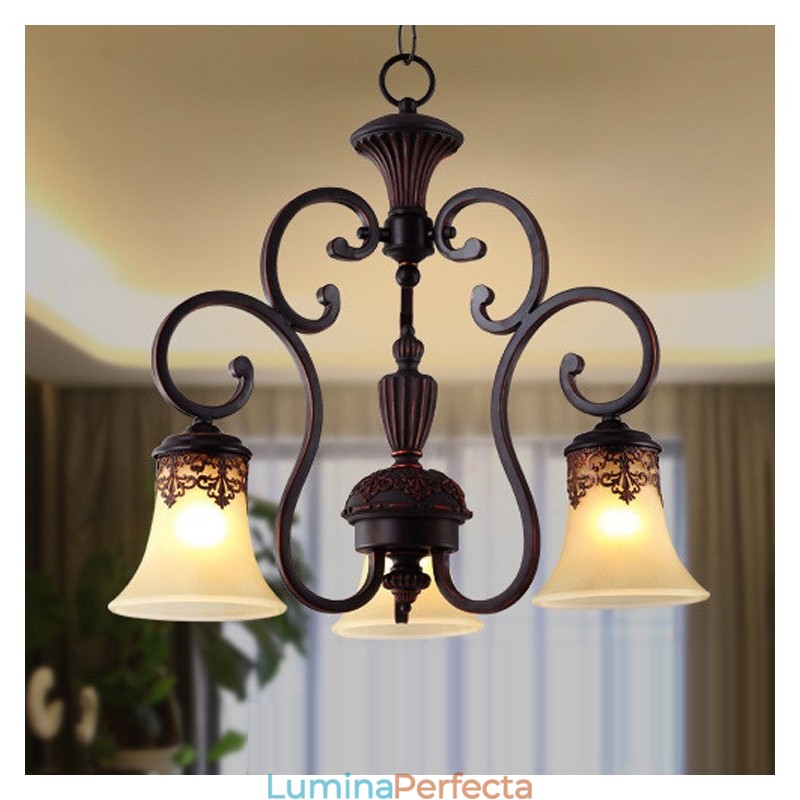 Candelabru din metal cu montaj încadrat cu pictură rustică de epocă