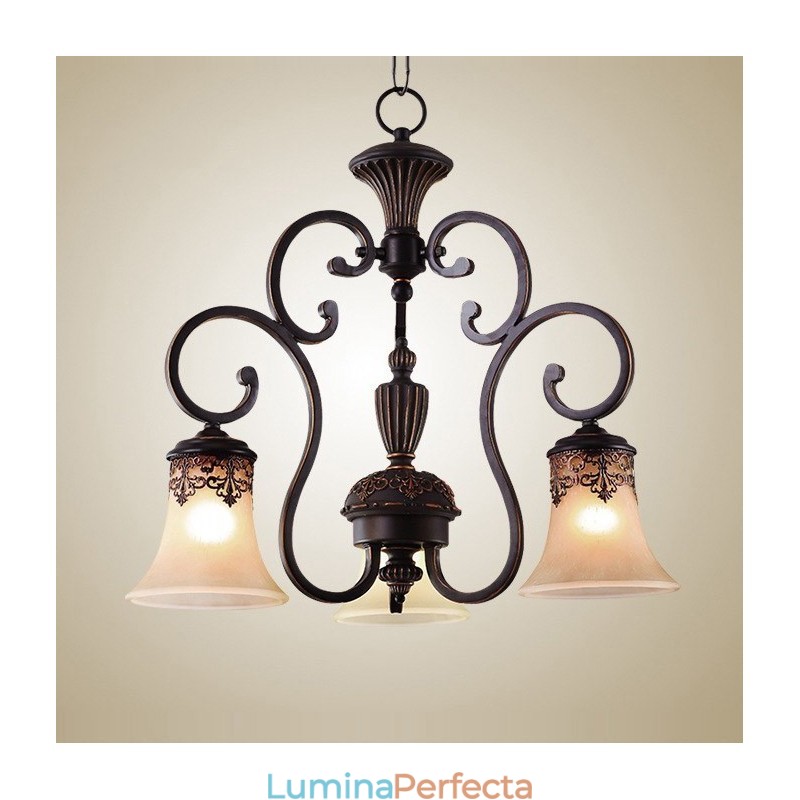 Candelabru din metal cu montaj încadrat cu pictură rustică de epocă