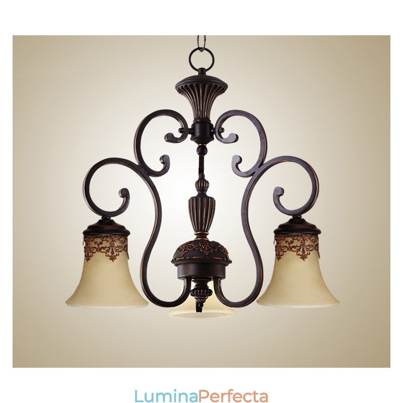 Candelabru din metal cu montaj încadrat cu pictură rustică de epocă