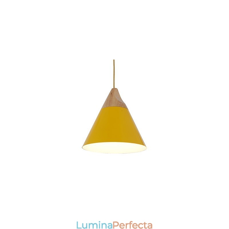 Lampă suspendată con mini artistică, 1 lumină, finisaj modern, simplitate, negru, alb, galben, aluminiu și lemn.